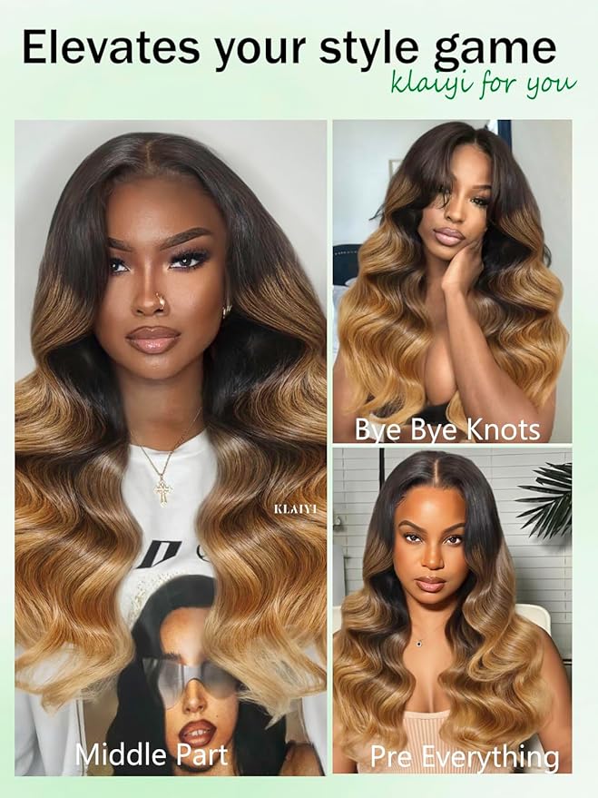 KLAIYI Ombre Highlight Blonde Loose Wave Pre Everything Glueless 13x4 Lace Front Wigs Human Hair Drawstring Balayage Brown Pre Cut Pre Plucked Bleached Ready to Wear and Go Wig with Dark Roots 24Inch