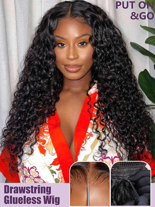 YIROO Bye Bye Knots Glueless Water Wave and Jerry Curly Drawstring Wig Human Hair, 7x5 Pre Cut Lace Front Glueless Wigs Pre Bleached Pre Plucked Wear and Go Wig for Women 150% Density 24Inch