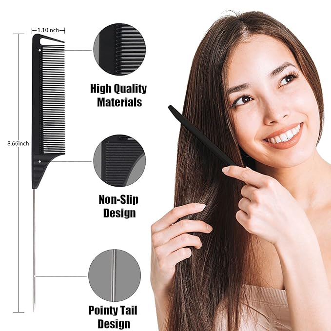10 PCS Rat Tail Combs Set - Hair Teasing Fine Tooth Comb for Women Girls, Parting Comb for Braiding Hair Styling Tools & Appliances with Stainless Steel Pintail Carbon Fiber Heat Resistant