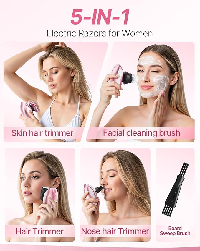 Electric Razors for Women, 5-in-1 Rechargeable Body Shaver - Waterproof Wet Dry Hair Remover - Trimmer for Lady Face Underarms Legs (Pink)