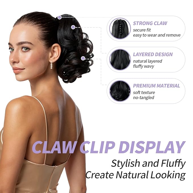Black Ponytail Extensions,9" Short Curly Wavy Claw Clip Pony tails Hair Extensions Natural Soft Synthetic Hairpiece for Women