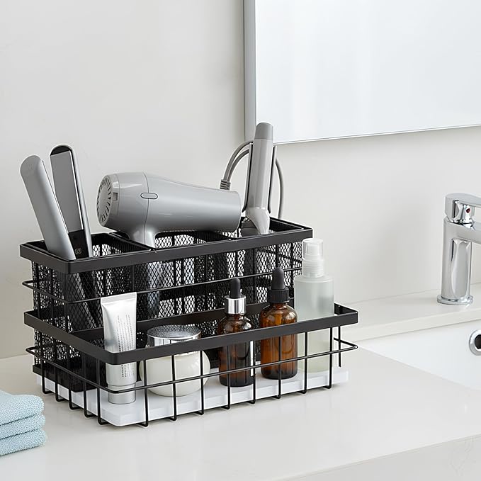 1 Pcs Hair Tool Organizer Countertop Breathable Metal & Bamboo Hot Tools Organizer Under Sink Bathroom Hair Dryer Holder Countertop Brush Comb Holder,makeup tray (White Bamboo,Black)