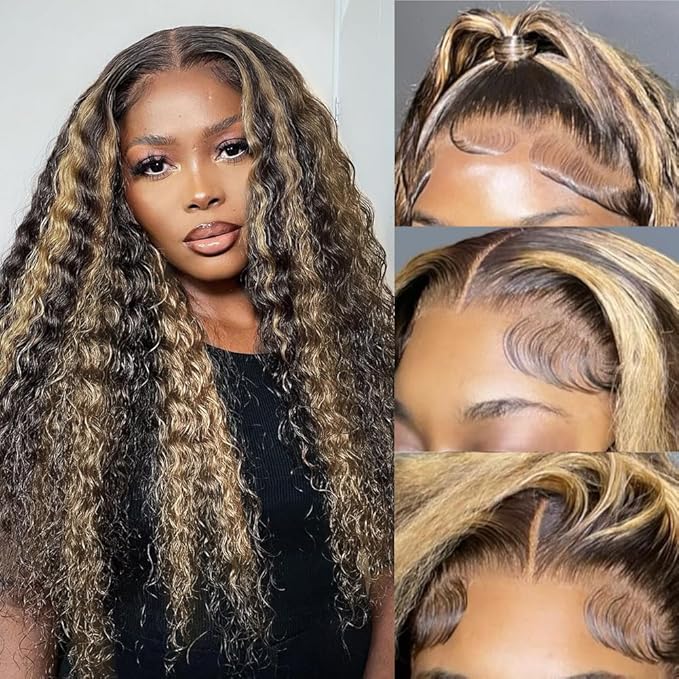 bangjazz 13x4 Deep Wave Lace Front Wigs Human Hair 180% Density Curly Lace Frontal Human Hair Wigs for Black Women #Fb/27 Human Hair HD Lace Wigs Black with Blonde Colored Lace Frontal Wig 18 Inch