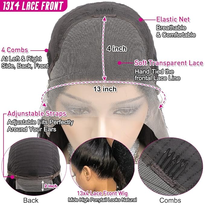 Hermosa 13x4 Lace Front Human Hair Wigs Pre Plucked with Baby Hair 220% Density 12A Brazilian Straight Human Hair Lace Front Wigs for Women Natural Hairline Natural Color 18 inch
