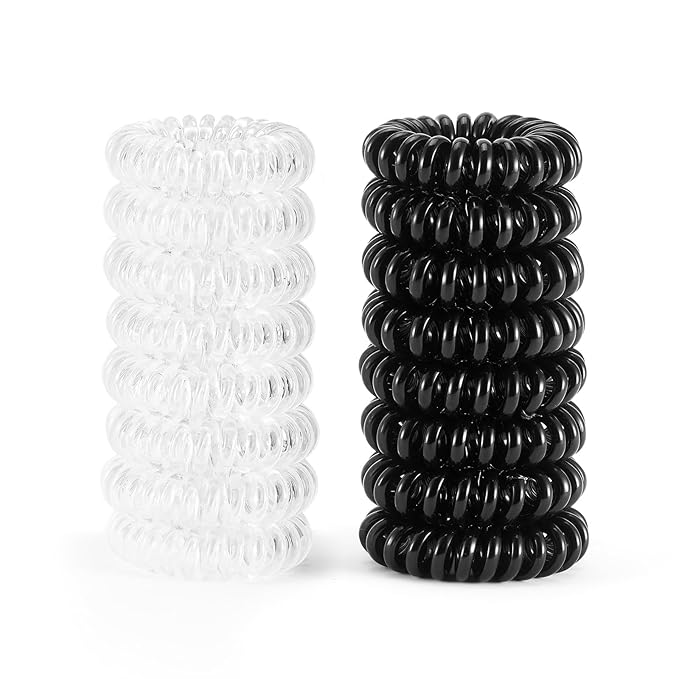 16Pcs Spiral Hair Ties, (Glossy Black&Clear White) Hair Elastic Coils for Women and Girls, Waterproof Phone Cord Hair Scrunchies Accessories Bands for Ponytails and Updos