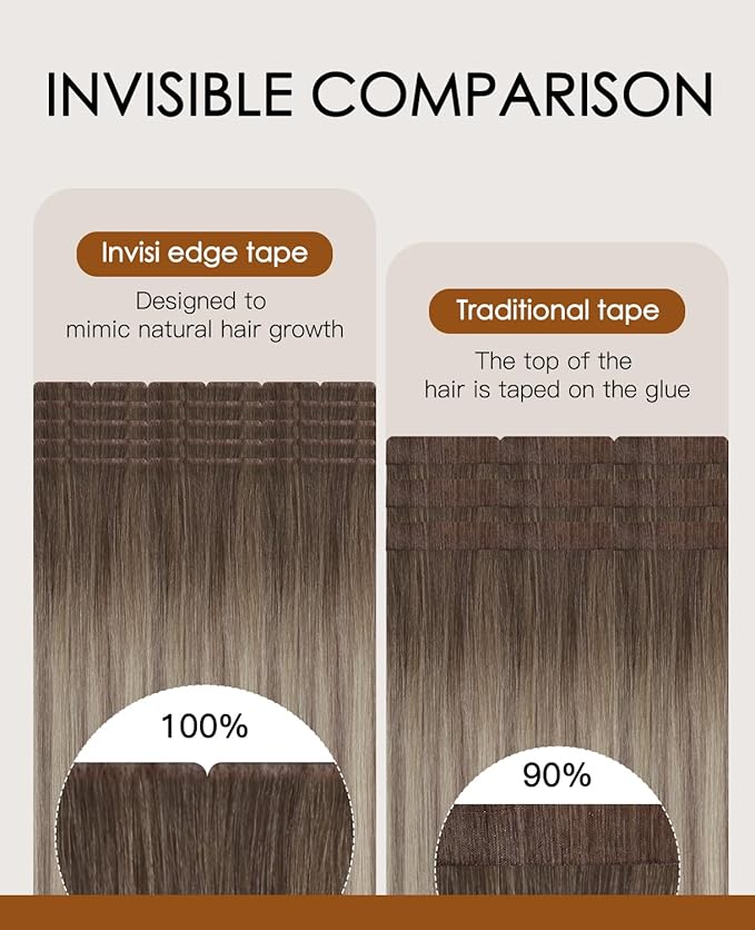 VINBAO Invisi Edge Hair Extensions Real Human Hair Tape in 50g 20pcs Balayage Ash Brown and Blonde Mixed with Ash Blonde Seamless Injection Tape in Hair Extensions 18inch #8/60/18