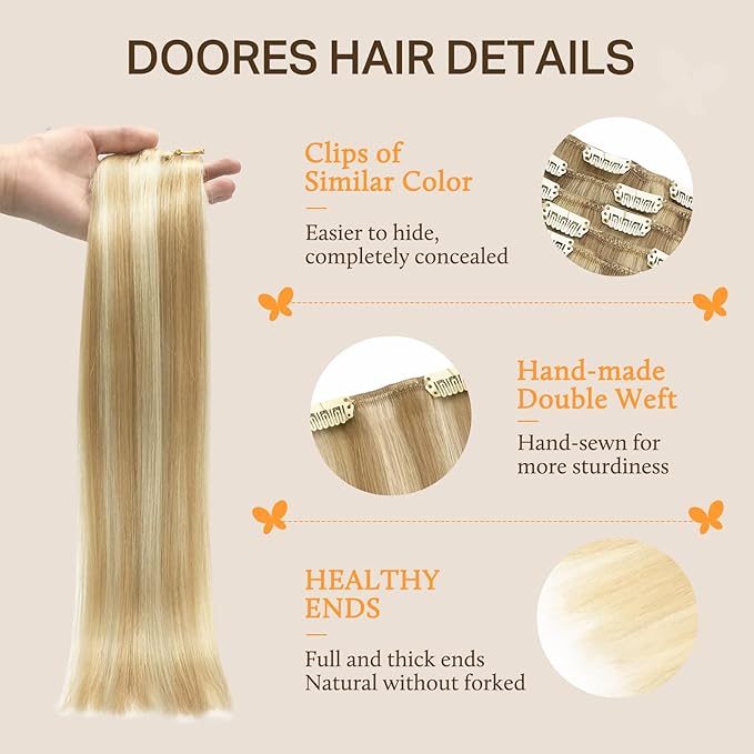 DOORES Hair Extensions Remy, Dark Blonde Highlighted Bleach Blonde 135g 18 Inch 7pcs, Thick Extensions Clip in Human Hair Natural Straight Weft Gift