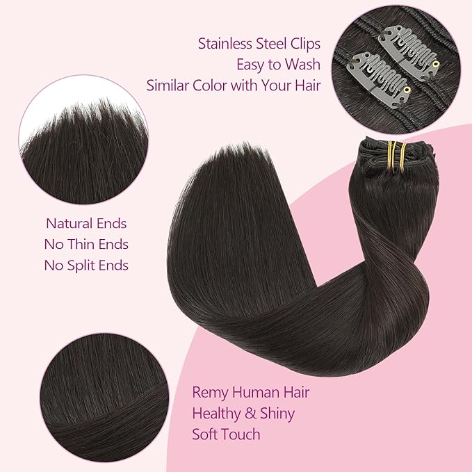 PINKPEARL Human Hair Extensions Clip ins 14inch Clip in Hair Extensions #2 Dark Brown Real Human Hair Clip on 120g 7pcs Remy Hair Clip ins for Women(#2-14)