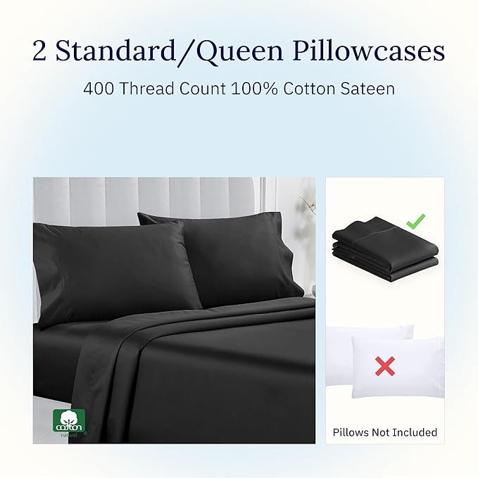 California Design Den Standard Queen Size Pillowcase Set - 400 Thread Count, 100% Cotton Sateen, Set of 2 Pillow Covers, Soft and Breathable - Black