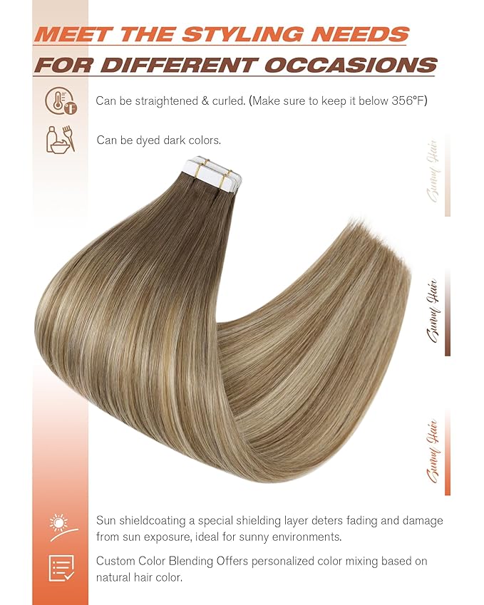 Sunny Hair Tape in Hair Extensions Human Hair, Human Hair Tape in Extensions Light Brown Balayage Blonde Hair Extensions Real Human Hair Tape in 22Inch 50g