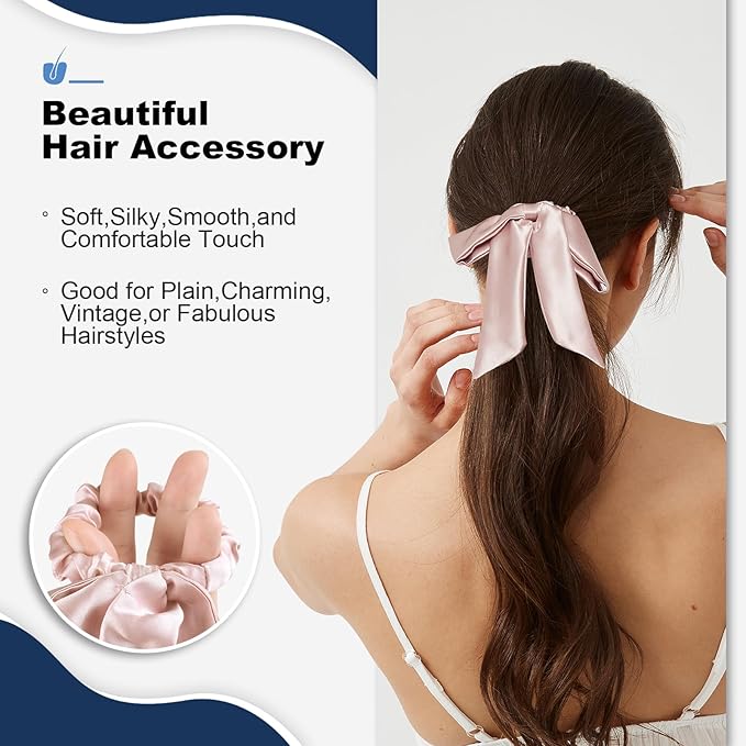 1 Piece Silk Bow Scrunchies for Hair-100% Pure Mulberry 22 Momme Silk Hair Tie, Elastic Ponytail Holder, Elegant Soft Bow Hair Ties Band for Women Hair Care, Multiple Colours (PINK)