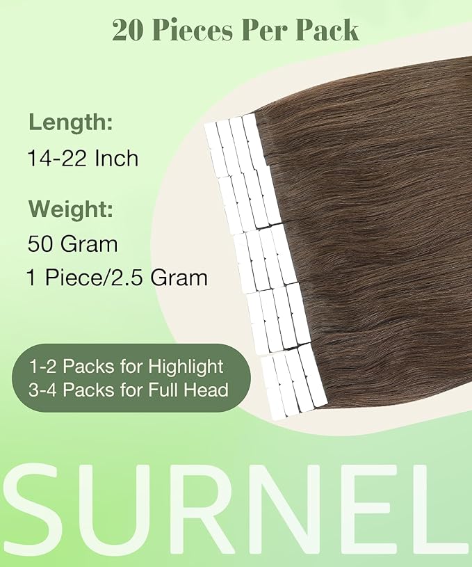 SURNEL Tape in Hair Extensions Human Hair #4 Chocolate Brown 18 inch Tape in Hair Extensions Remy 20 pcs 50g(#4-18)