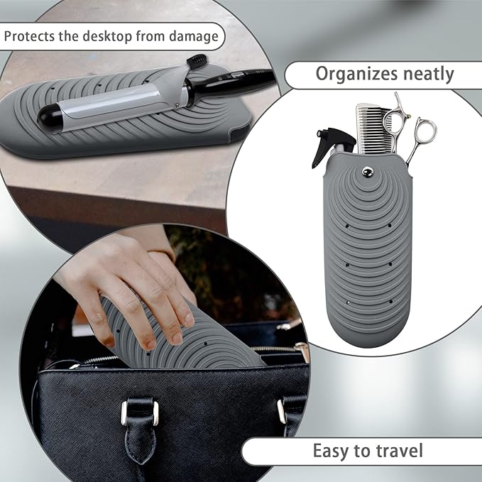 Heat Resistant Silicone Mat Pouch for Hair Styling Tools, Curling and Flat Irons Non-Slip Travel Cover, Small Portable Straightener Pad for Curler Wands Storage, Hot Waver (Dark Gray)