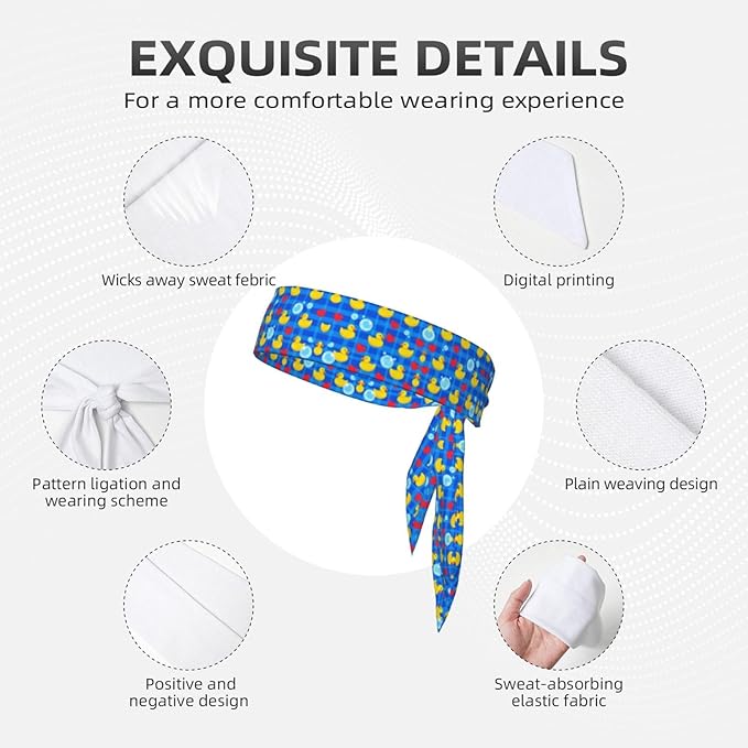 Men Women Fashion Sports Sweat Bands Hand Decor for Running Fitness Shower, Long Multi Style Cute Funny Bubbles Hearts Yellow Rubber Ducks Head Ribbon Headwear