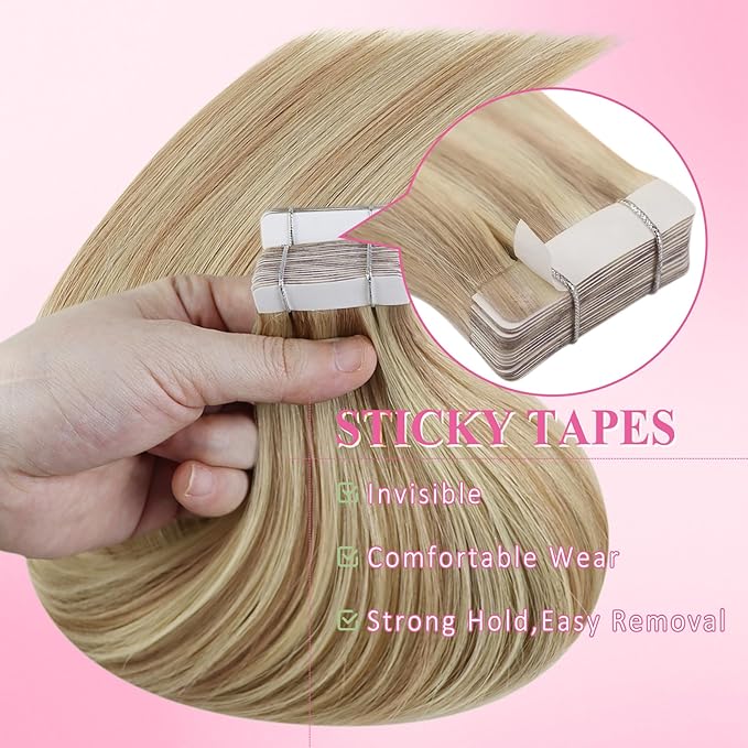 YoungSee Human Hair Tape in Extensions for Women Tape in Blonde Hair Extensions 20In 20pcs 50g Tapes Hair Extensions Real Human Hair Highlight Blonde Natural Looking