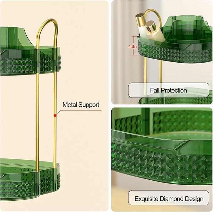 360° Rotating Makeup Organizer 2 Tier, Large Skincare Clear Make Up Storage Spinning Perfume Organizers for Bathroom Counter Dresser, Green