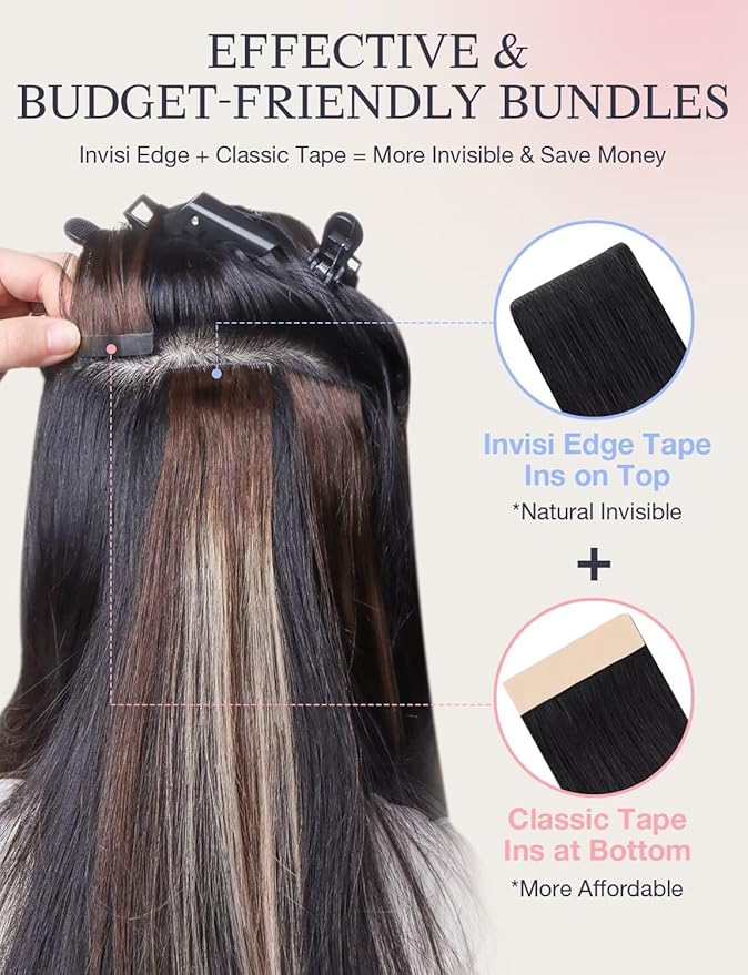 DOORES Invisi Edge Tape in Hair Extensions, Natural Black to Light Blonde 20 Injection Tape-ins with 20 Classic Tape-ins 100g 20 Inch, Injected Tape in Extensions Human Hair