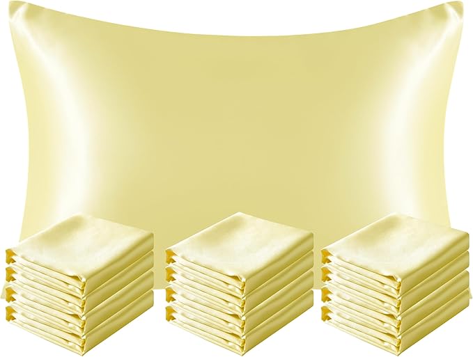 NTBAY 12 Pack Satin Queen Pillowcases for Hair and Skin, Luxurious and Silky Pillow Cases with Envelope Closure, 20 x 30 Inches, Light Yellow