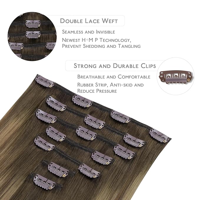 WENNALIFE Clip in Hair Extensions - Real Human Hair, 18 Inch 120g 7pcs, Light Ash Brown to Warm Chocolate Highlighted Caramel Blonde