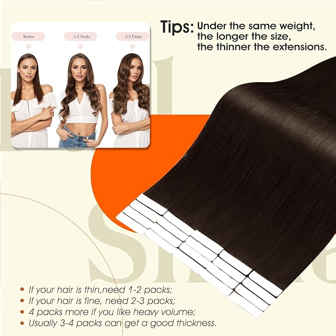 Full Shine Injection Tape ins Human Hair Extensions Injected Tape in Extensions Color 2 Brown Straight Brazilian Extension Seamless Remy Silky Skin Weft 24Inch 50Gram 20Pcs for Wedding
