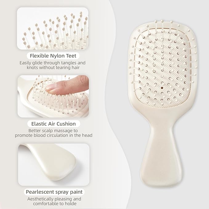 Mini Hair Bursh for Women Men and Kids, Protable Travel Size Hair Brush for Pockets Purses, Mini Detangler Brush for All Hair Types, Small Paddle Brush for Detangling (White)