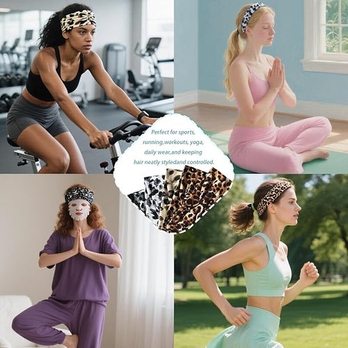 5 Pack Sport Headbands for Women - Including Leopard Headbands for Women, Elastic Soft Fabric Non-Slip Hair Bands & Hair Wraps for Daily Workout, Yoga, Running & Sports