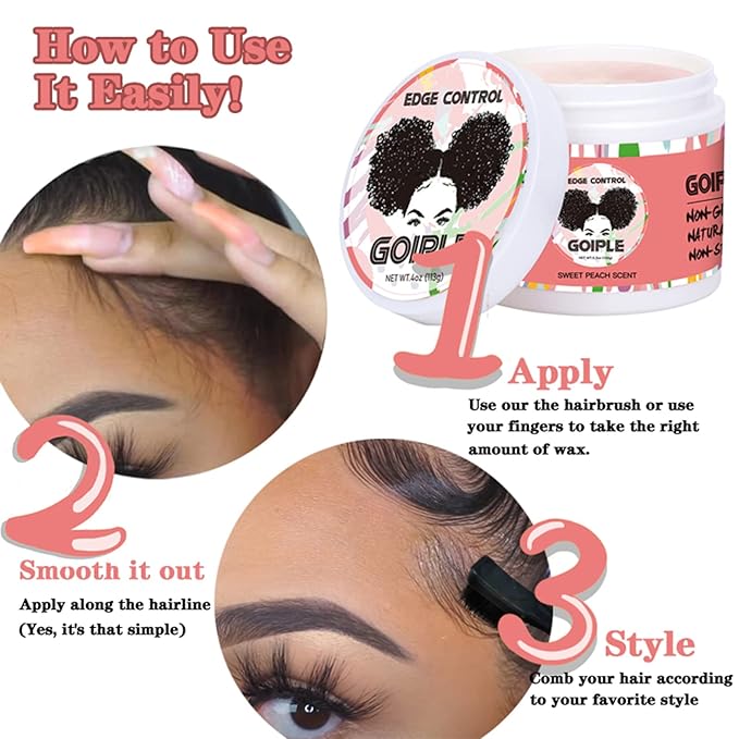 Edge Control Wax for Women Strong Hold Non-greasy Edge Control Smoother Edge Wax, Edge Wax Styling Gel Edge Control for Black Hair No Flaking, White Residue, Shine and Smooth 4oz (Sweet Peach)
