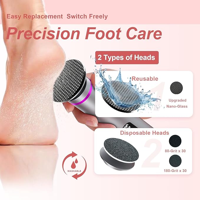 Electric Callus Remover for Feet, 3 Speeds Electric Foot Callus Remover with Powerful Brushless Motor, 2600mAh Runs for 7Hours, Washable Nano Glass Head, 60 Pcs Sandpaper Discs, Gift for Women & Men