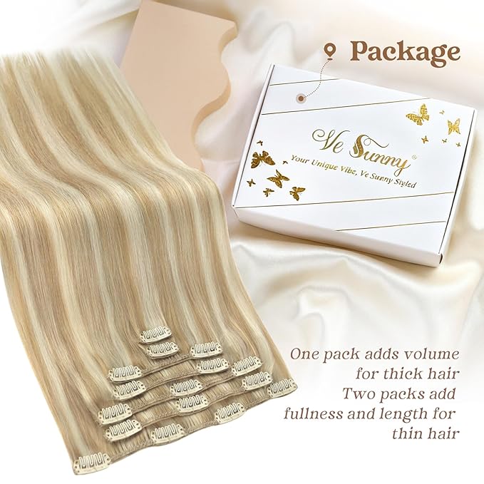 Ve Sunny Blonde Clip in Hair Extensions Highlight Human Hair Clip in Extensions for Women 12 Inch Real Hair Extensions Clip in Human Hair 80g