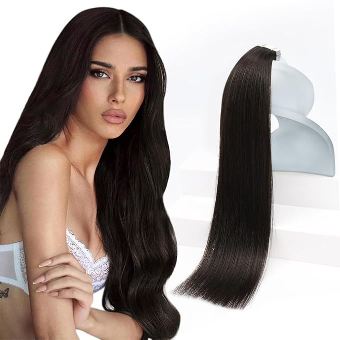 Sunny Hair Tape in Hair Extensions Real Human Hair Invisible Remy Hair Extensions Tape ins for Women Darkest Brown 28 inch 20Pcs 50G