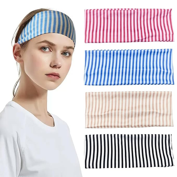 4PCS Striped Headbands for Women - Non-Slip Cotton Cloth Wide Elastic Stretchy Fashion Head Bands, Soft Fabric Hair Accessories for Yoga, Running, Workout
