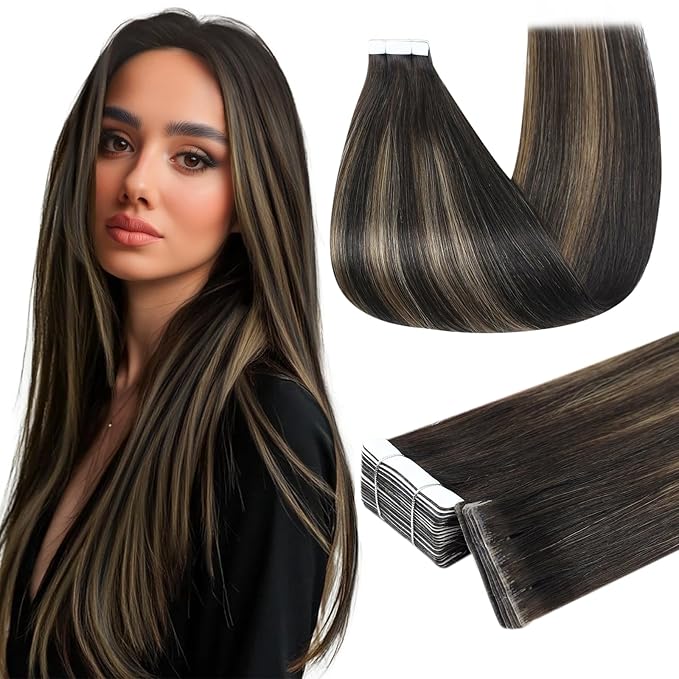 Full Shine Invisible Tape in Hair Extensions Invisi Edge 14Inch Color 2 Fading to 8 Ash Brown Highlight 2 Darkest Brown Balayage Human Hair Tape in Extensions 40Grams 20Pcs Add Volume for Party