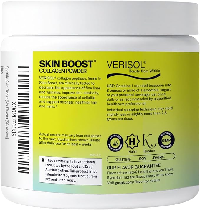 Sparkle Wellness VERISOL Bioactive Hydrolyzed Collagen Peptides | Collagen Powder Supplement with Vitamin C for Skin, Hair & Nail Health | Skin Boost (No Flavor) [50-Serves]