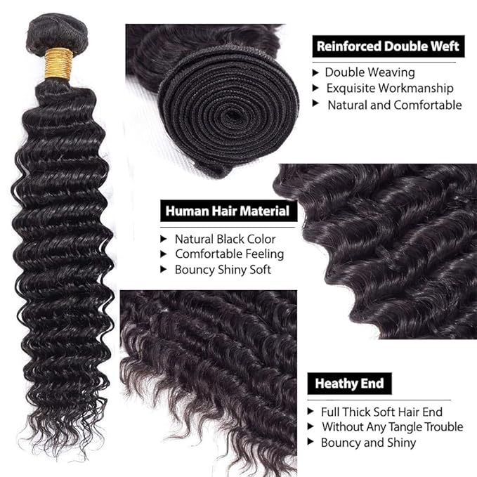 Bundles Human Hair Natural Black Deep Wave Bundle Niegmeag Brazilian Virgin Soft and Silky Remy Hair 3 Bundles 12 14 16 Inch Double Weft Color 1B Deep Wave Bundle Hair Weave