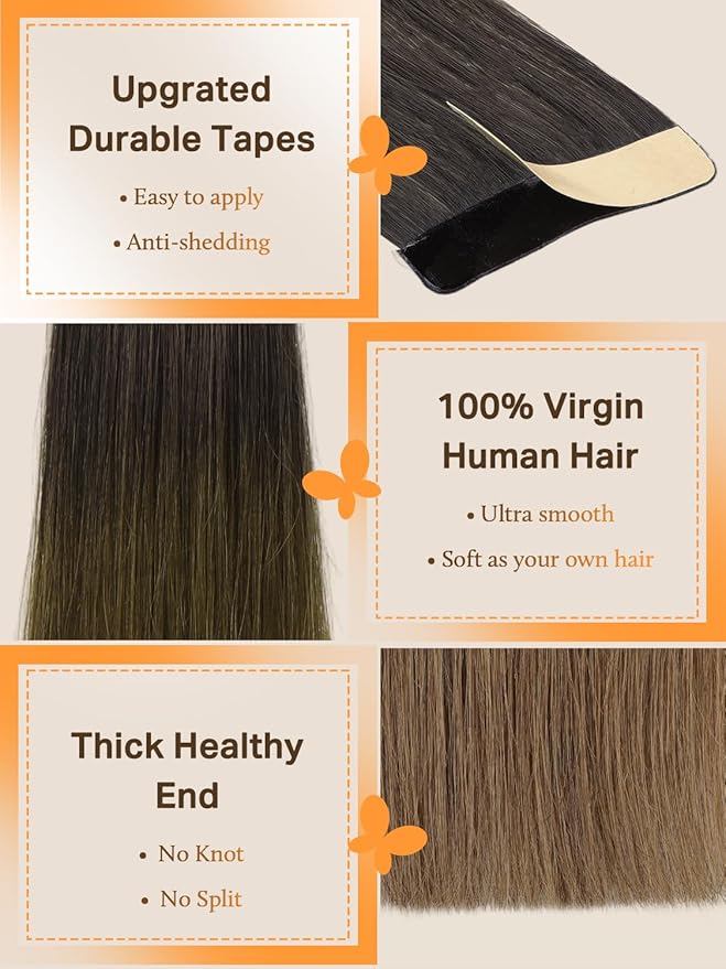 DOORES Tape in Hair Extensions Human Hair, Chocolate Dip Color Melt 12 Inch 20g 10pcs, Human Hair Extensions Natural Hair Extensions Seamless Straight