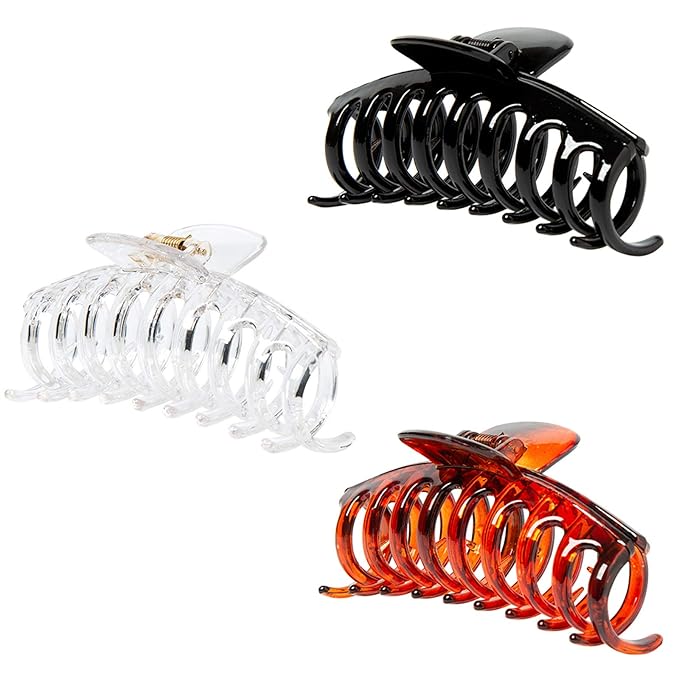 Polycarbonate Strong hold large hair claw clips for women thick hair, 3 counts in set of black/tortoise shell Brown/Clear resin big hair clips 4.3 inch in velvet gift bag (Plain)