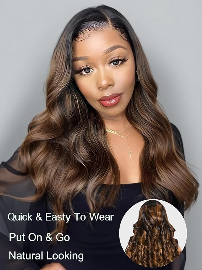 Julia Hair Bye Bye Knots Glueless Wig Highlight Balayage Brown Body Wave 7x5 Pre Cut HD Lace Front Wigs Human Hair Pre Plucked Bleached Knots Pre Everything Ready To Go Ombre Wig 20 Inch