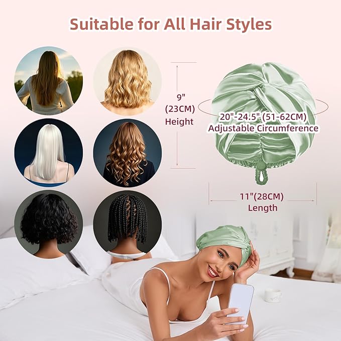 Adjustable Silk Satin Hair Bonnet for Sleeping Women, Double Layer, Silk Hair Wrap for Sleeping Women Men, Curly Natural Braid Straight Unisex - Green