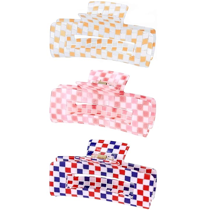 Checkered Hair Claw Clips for Women Ladies, 4inch Fashion Large Hair Clips for Styling Claw Clamps Thick Hair Retro Rectangle Shape Hair Jaw Clips (3 Pack)