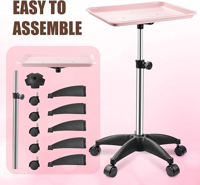 Rolling Salon Tray, Adjustable Salon Tray on Wheels, Premium Aluminum Tattoo Tray Cart for Spa Clinic, Pink