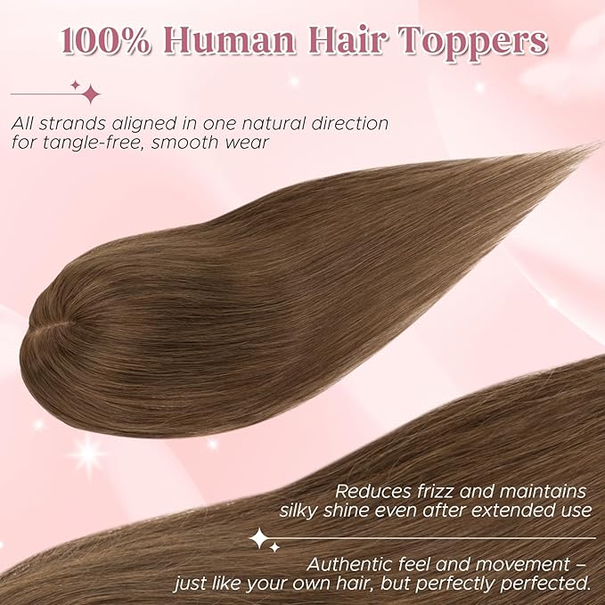 Real Human Hair Toppers for Women 3.54"*4.72" Silky Base 150% Density No Bangs Adjustable Parting Clip-In Topper Hairpieces for Women with Thinning Hair 12 Inches Medium Brown