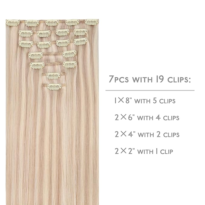 WENNALIFE Clip in Hair Extensions Real Human Hair, 16 Inch 120g 7pcs Balayage Light Wheat Platinum Blonde Remy Hair Straight Natural Extensiones De Cabello Humano Con Clip Ins