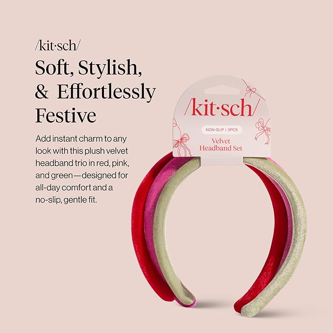 Kitsch Velvet Headbands for Women & Girls - No-Slip, Comfortable, Lightweight & Gentle on Hair – Ideal Hair Accessories for Holiday Outfits, Everyday Looks & Holiday Gift - Pink, Red & Green, 3pcs