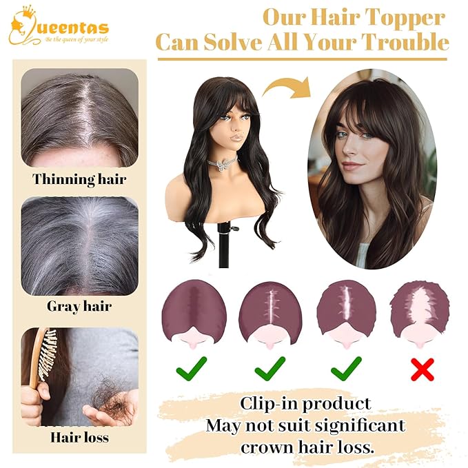 QUEENTAS 22" Curly Hair Topper for Women with Thinning Hair Daily Wear 360°3D Cover Up 6.5"*6" Fluffy Brown Wavy Hair Pieces with Bangs(Dark Brown)