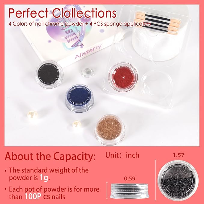 Allstarry Chrome Nail Powder 4 Colors Metallic Mirror Effect Powder Manicure Chrome Pigment Magic Glitter Dust Kit for Gel Polish Nail Art Decoration with 4 Sponge Sticks - Ruby Sapphire Series