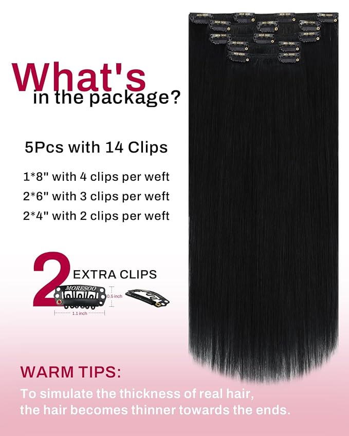 Moresoo Clip in Hair Extensions Real Human Hair Black 5pcs 80g Remy Straight Invisible Lace Double Weft Jet Black Human Hair Clip in Extensions #1 20inch