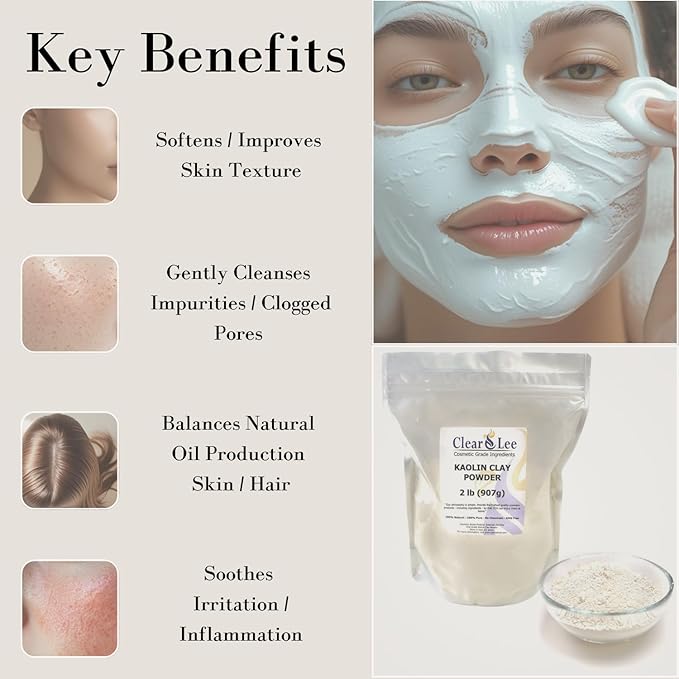 ClearLee Kaolin Clay Cosmetic Grade Powder - 100% Pure Natural Powder - Great For Skin Detox, Rejuvenation, and More - Heal Damaged Skin - DIY Clay Face Mask (5 LB)