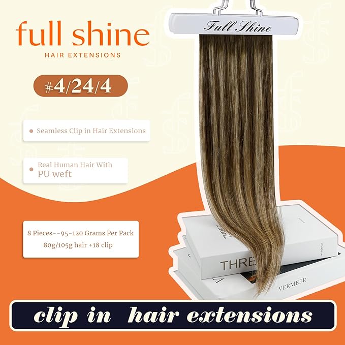 Full Shine Clip in Extensions Balayage Brown Seamless Hair Extensions Clip ins Medium Brown Ombre Honey Blonde Clip in Hair Extension Softness 16 Inch 8PCS 120G