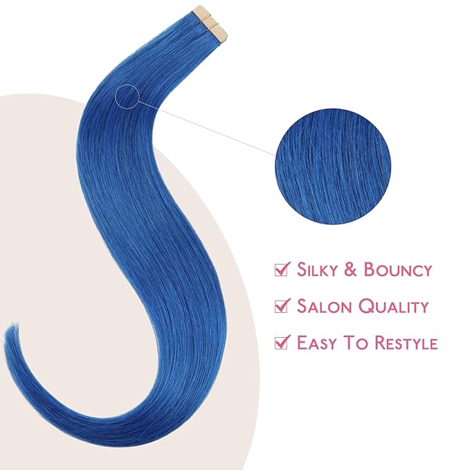 WENNALIFE Tape in Hair Extensions Human Hair Blue Tape in Extensions, 10pcs 25g 14 inch Remy Invisible Tape Ins Straight Colored Soft Real Human Hair Tape in Extensions Refill Set Extensions