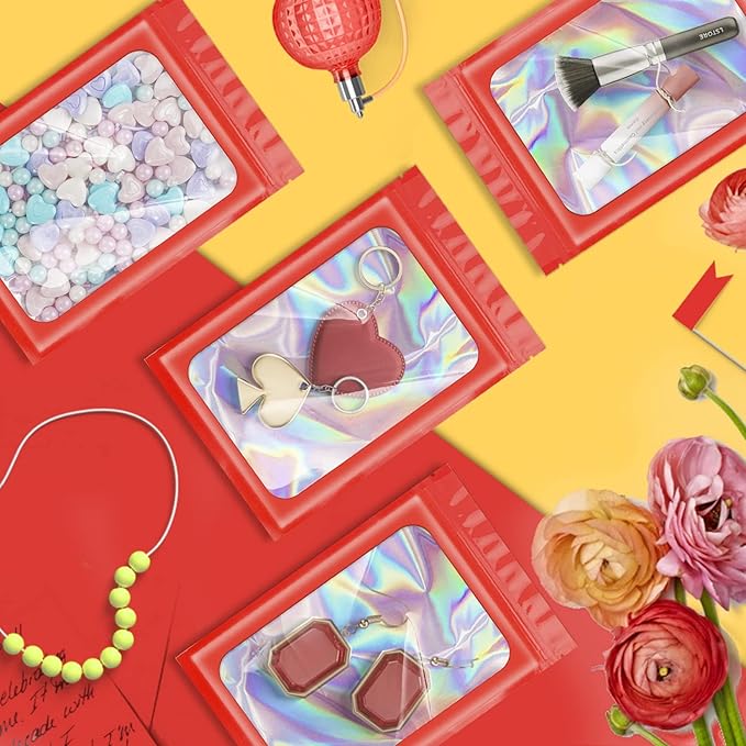 ANZNKU 100 Pcs Smell Proof Mylar Resealable Bags, Holographic Packaging Bags, Resealable Odor Foil Pouch Zip Bags with Clear Window for Food Storage and Lipgloss, Jewelry Lash (Red, 3.9 x 7.1 Inch)